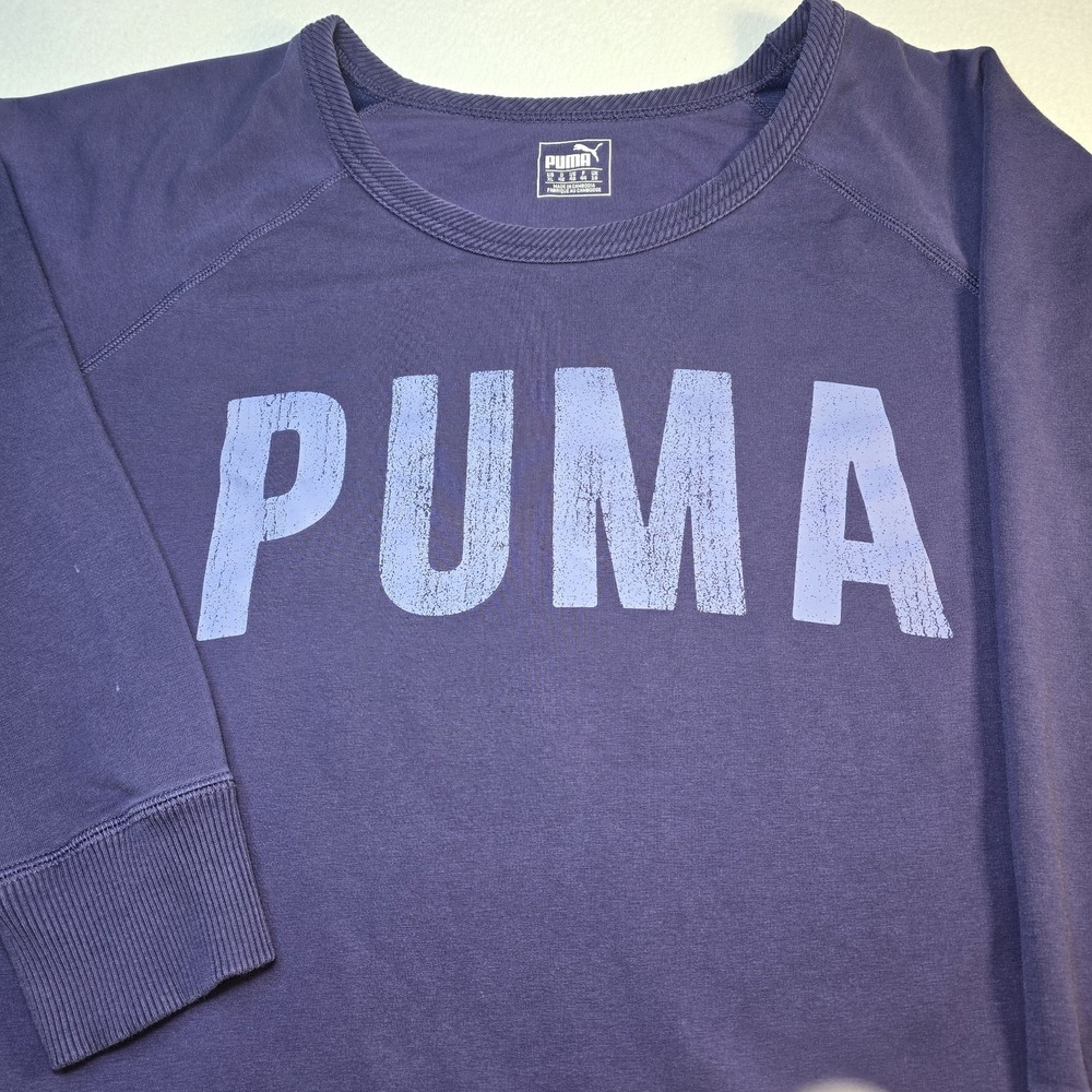 Puma Sweatshirt Wom XL Purple Graphic Pullover Raglan Scoop Neck Distressed Logo